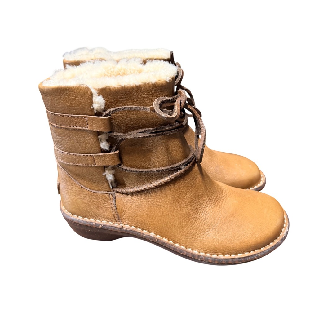 UGG Sunburst Tall Tan Brown Leather Shearling Lace Up Boots 1932 Womens 8